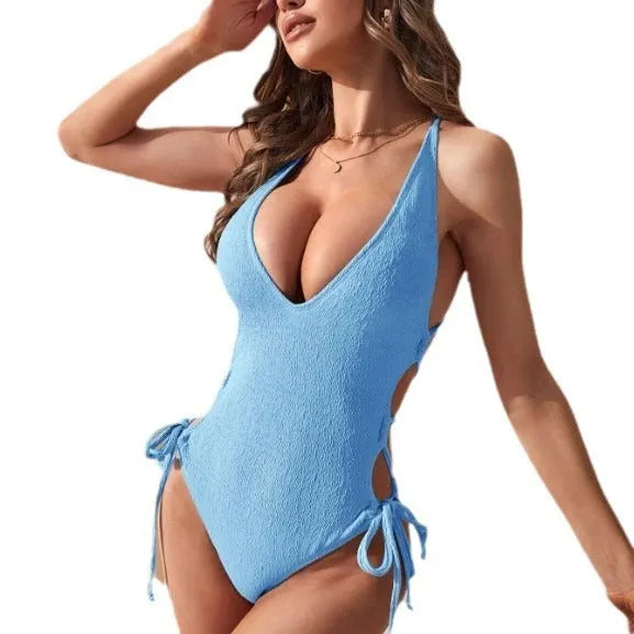 Women's hollow backless tether bikini one-piece swimsuit in solid colours