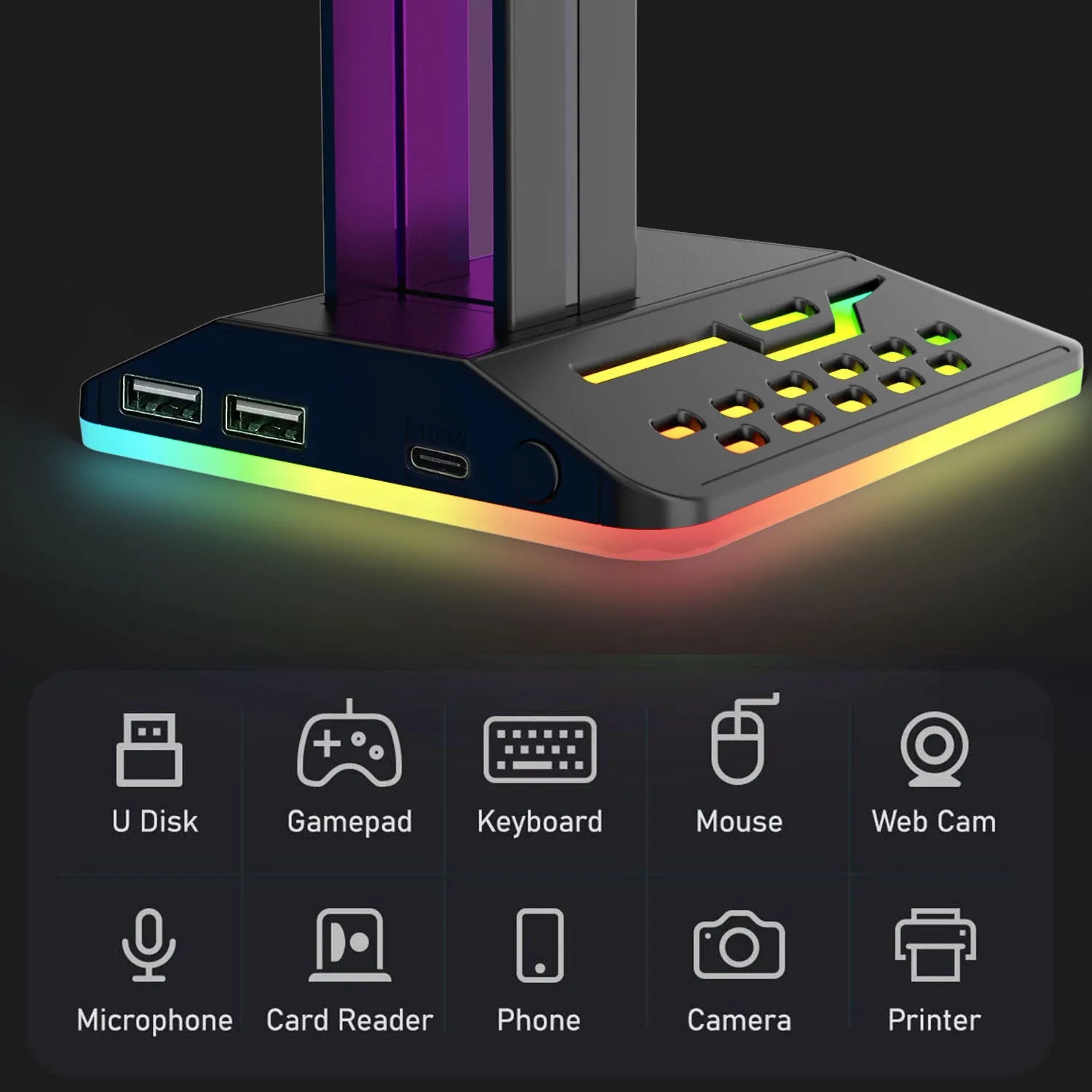 Acrylic RGB headset bracket with colour changing lights holding headphones, showing dual USB ports.