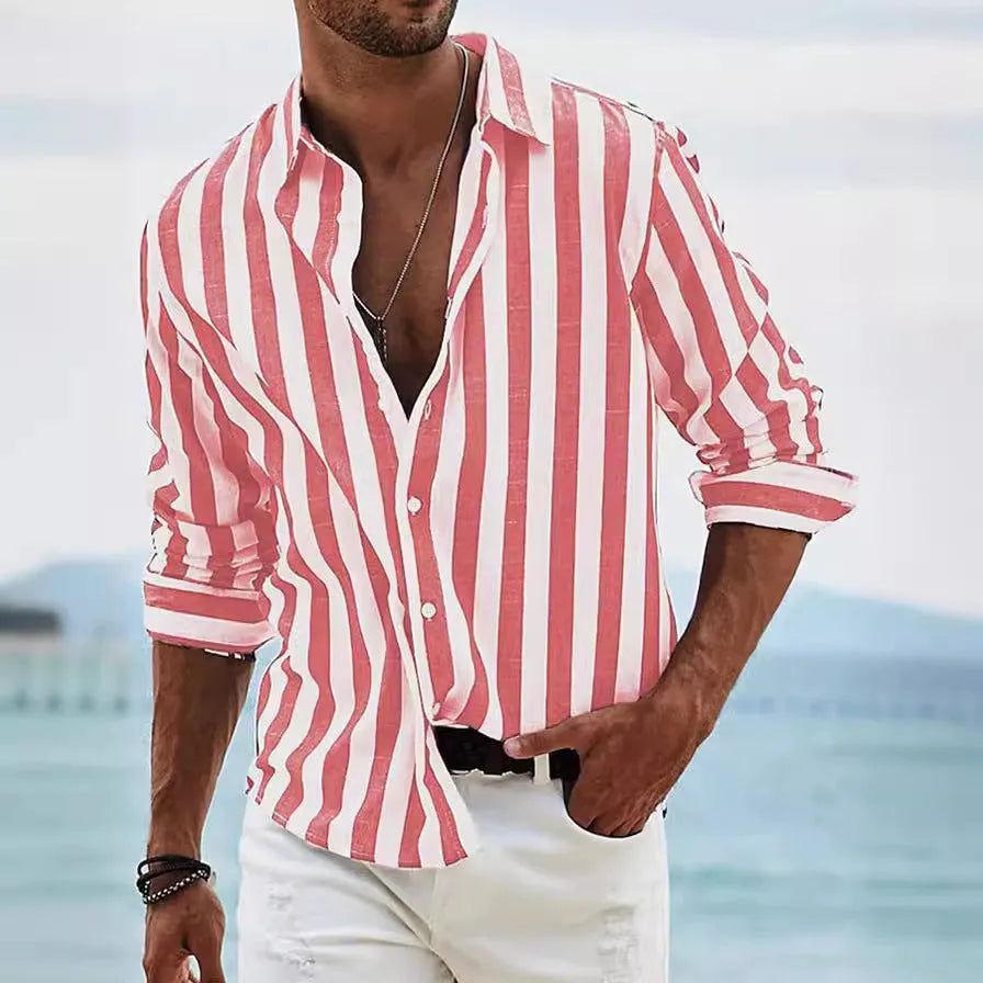 Men's yarn-dyed striped loose fit long-sleeved shirt in British style cardigan cut