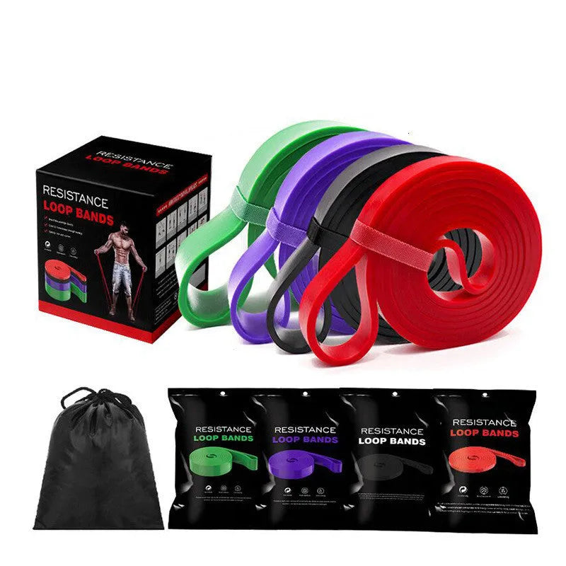 TPE resistance loop band for deep squats and pull ups, colour-coded by resistance level from 5 to 175 pounds
