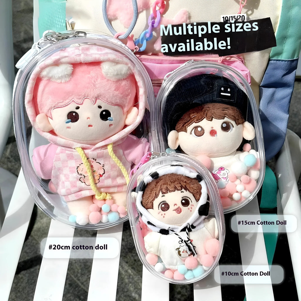 Transparent PVC cartoon backpack storage bag for cotton dolls in cube design