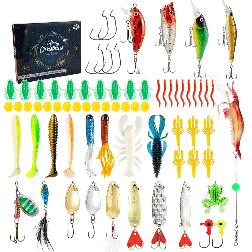 24-piece Mino Bog fishing blind box set with metal tackle components in Christmas packaging