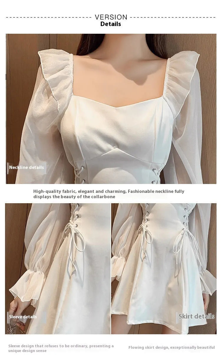 White long sleeve chiffon patchwork dress on a model, showing waist-slimming design and long skirt.