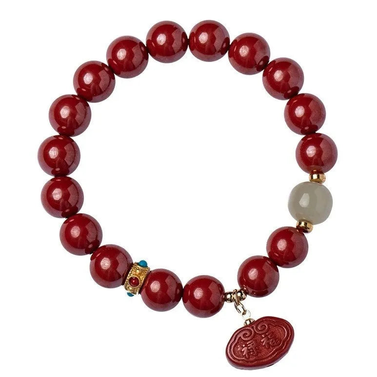 Cinnabar Emperor Sandstone bracelet with Ping An Fu Lu motifs in 8mm or 10mm bead sizes