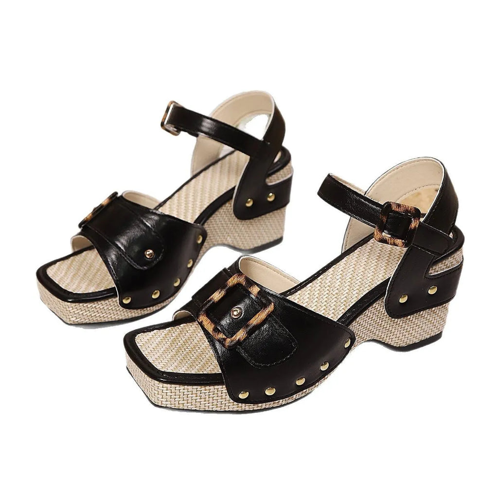 Women's white buckle sandals with chunky heel and square toe design
