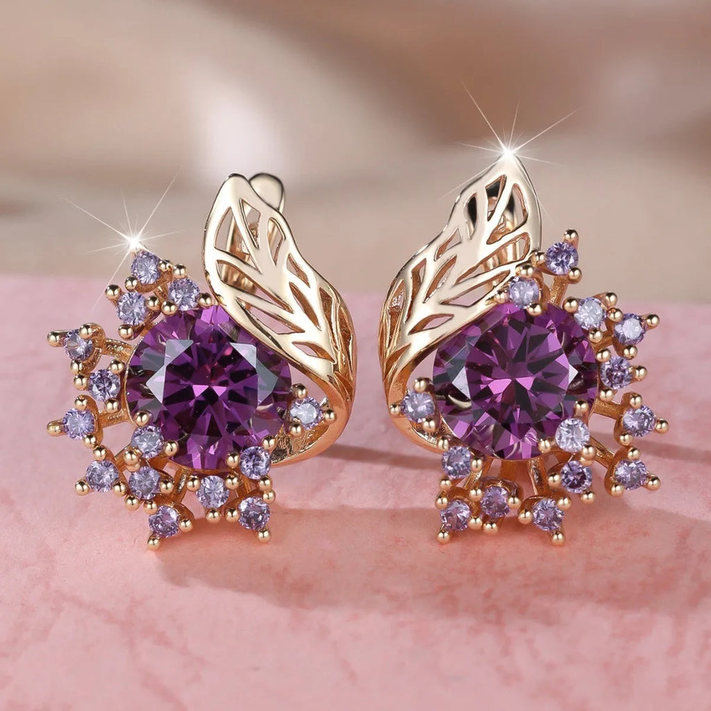Round floral earrings with feather zircon arrangement in champagne gold with six diamond colour options