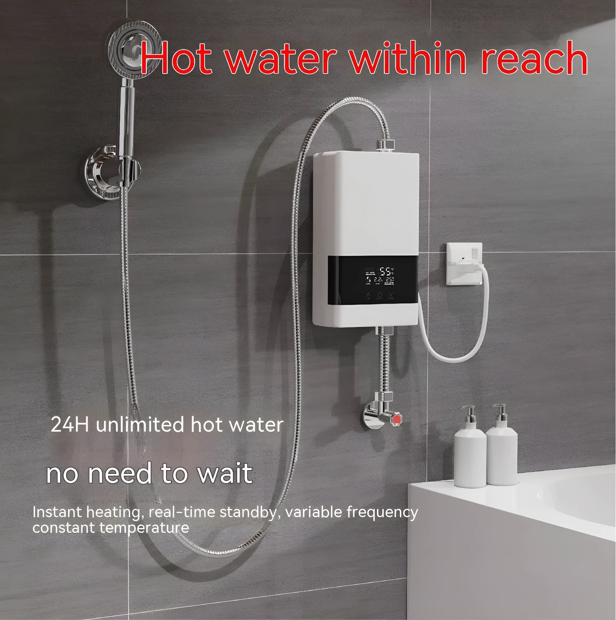 Small constant temperature instant water heater with LED touch screen, shown in gold, silver, or white.