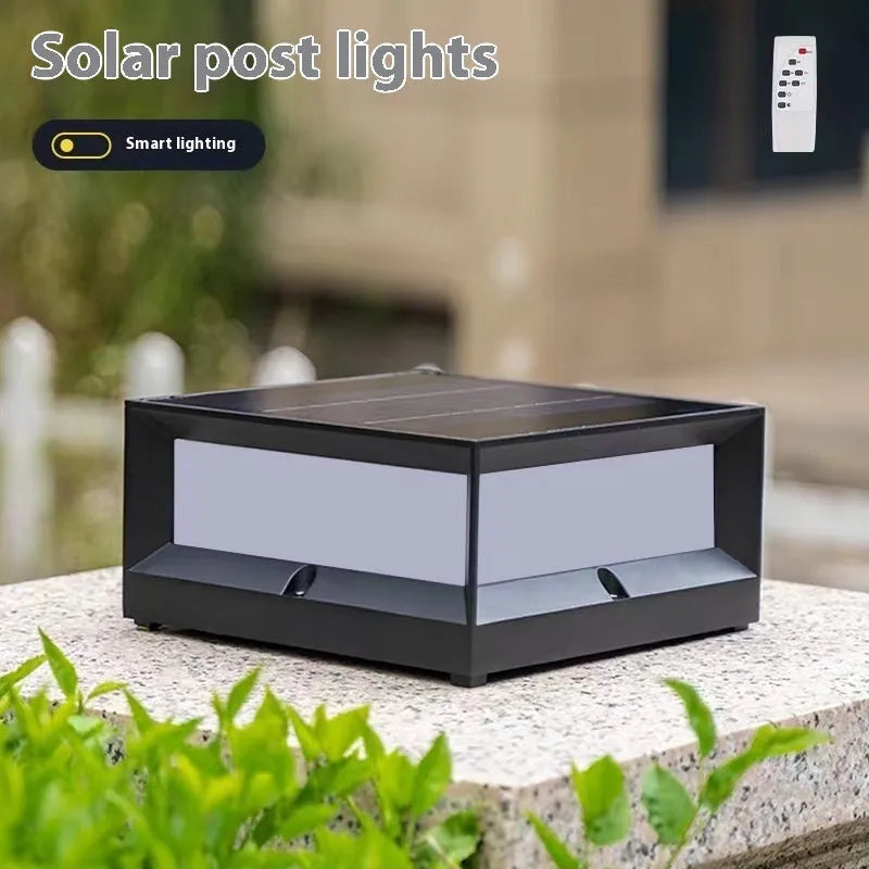 Aluminium outdoor solar column light with LED, shown in garden setting.