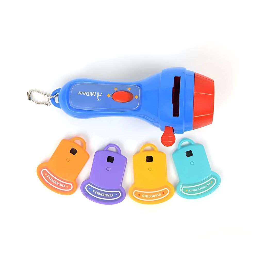 SmartKids children's story projector torch with four clip-on projection discs showing fairy tale images