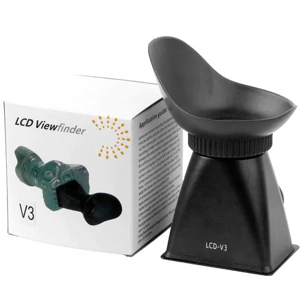 Black camera LCD viewfinder amplifier with magnification lens for DSLR and mirrorless cameras