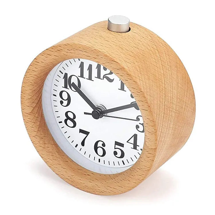 Solid beech wood silent alarm clock with 4-inch diameter display on wooden surface