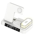 White 4-in-1 multifunction wireless charger station with foldable stand, alarm clock display, and RGB night light.