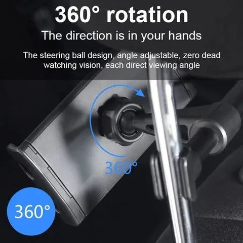 Black universal car phone holder mounted on rear seat base holding a tablet