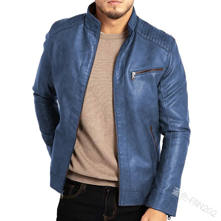 Men's brown punk motorcycle leather jacket with stand collar and patch pockets
