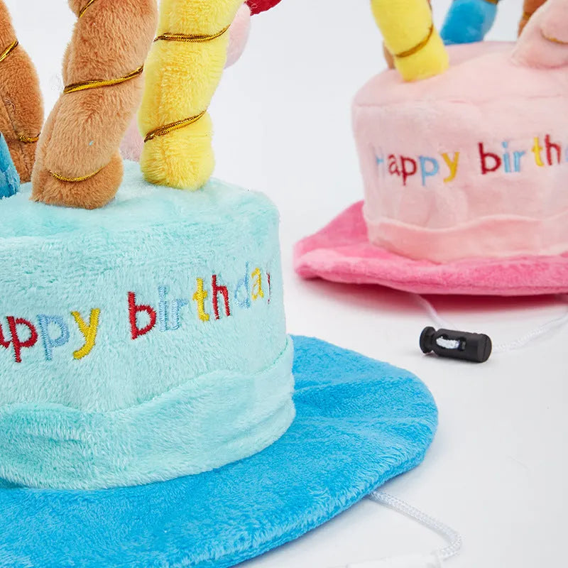 Blue dog birthday hat with attached toy measuring 21cm tall for small to medium breed celebrations