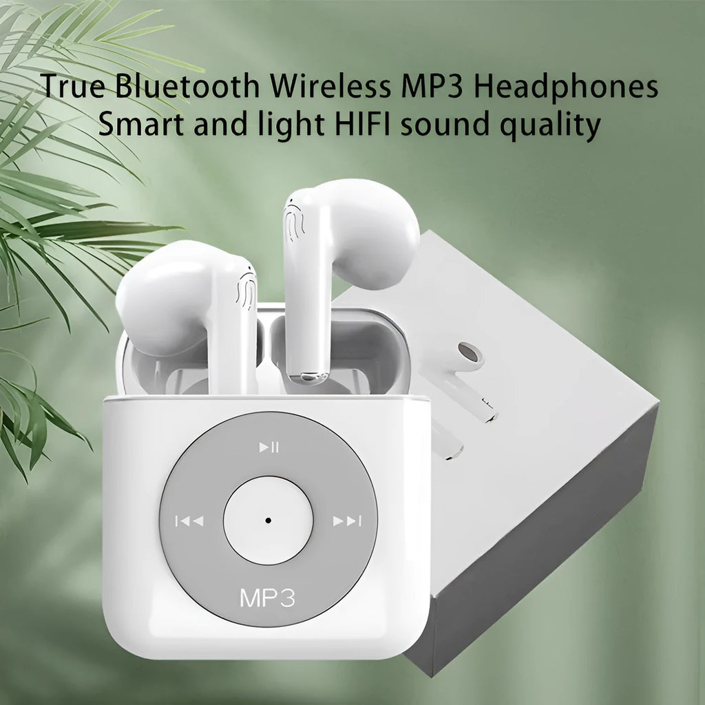 White wireless Bluetooth earphones with a semi in-ear design and a charging case on a white background.