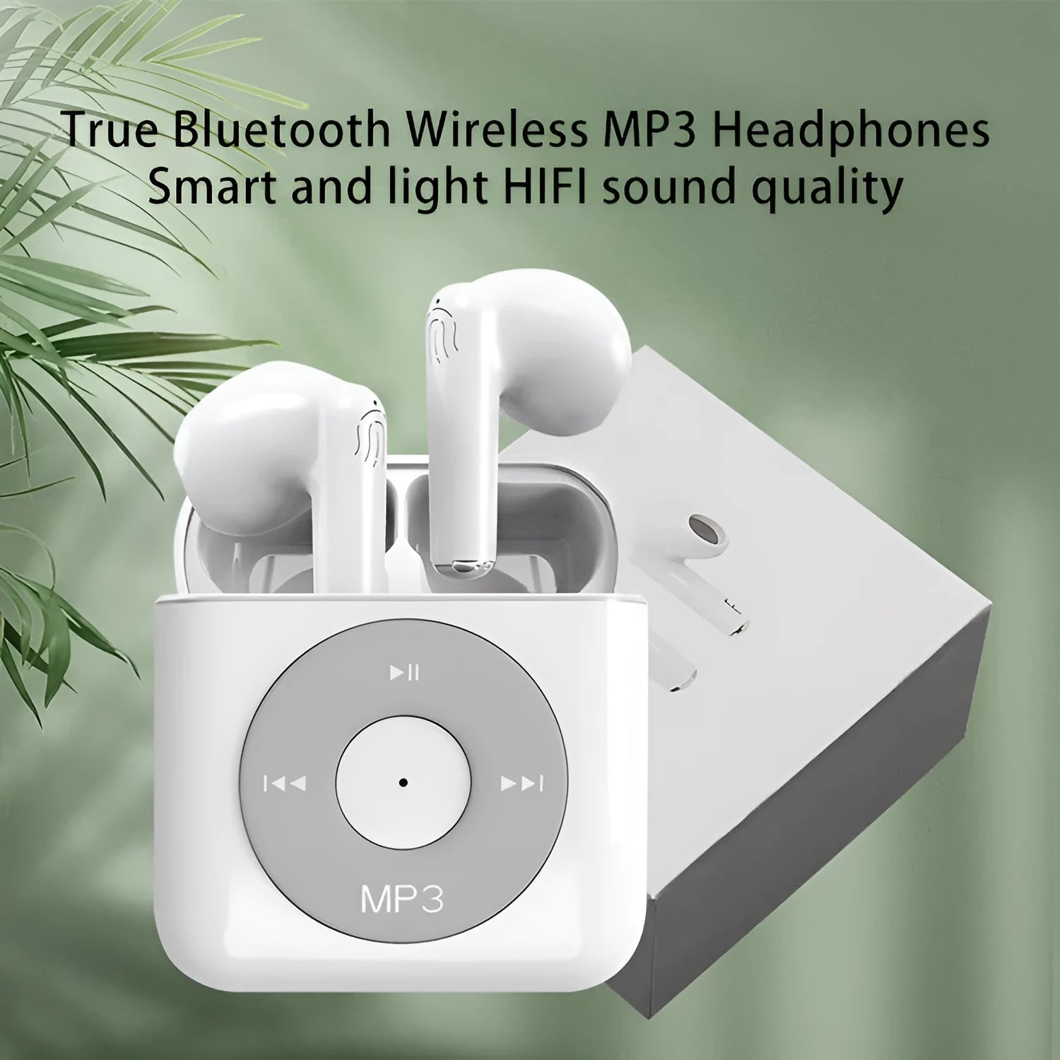 White wireless Bluetooth earphones with a semi in-ear design and a charging case on a white background.