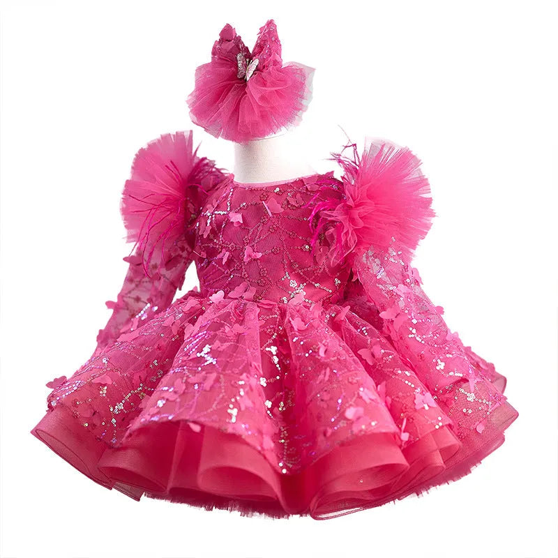 Rose red butterfly sequined long sleeve princess dress for girls suitable height 80-160cm with trailing skirt option