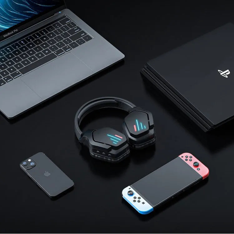 Luminous black wireless gaming headphones with head-mounted design on a dark background
