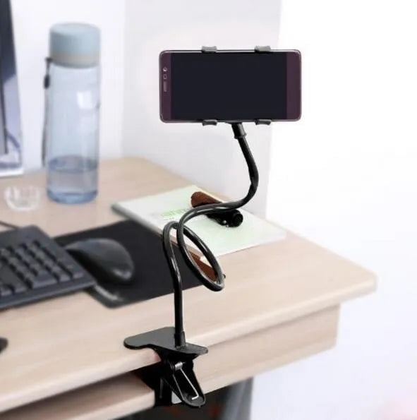 Black universal mobile phone holder with long 70cm flexible arm and V-type clip.