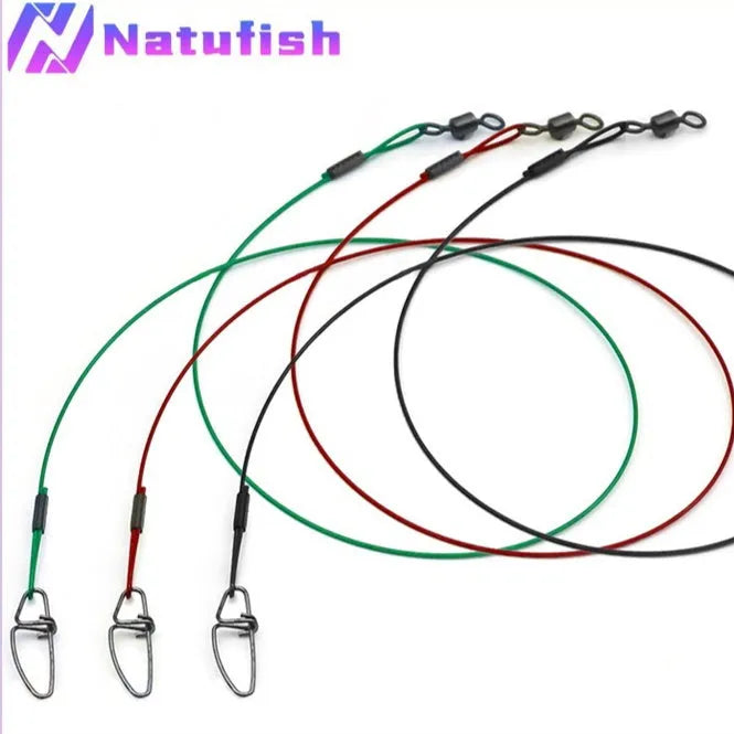 Set of green, black, and red steel wire fishing leaders with buckle pins, each 54cm long.