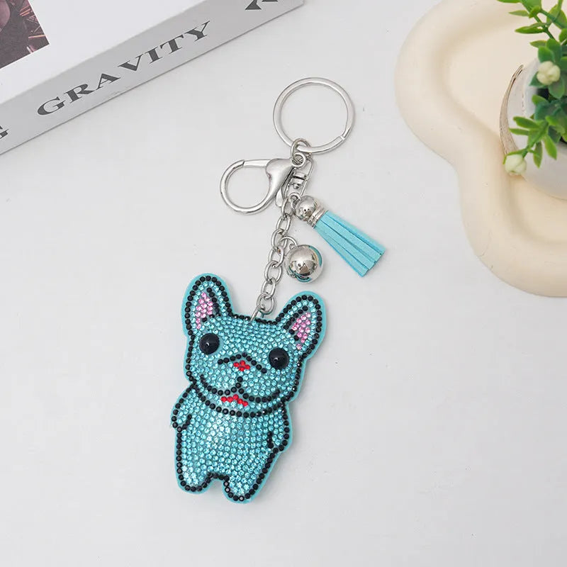 Cartoon French dog rhinestone keychain with alloy tassel in caramel colour