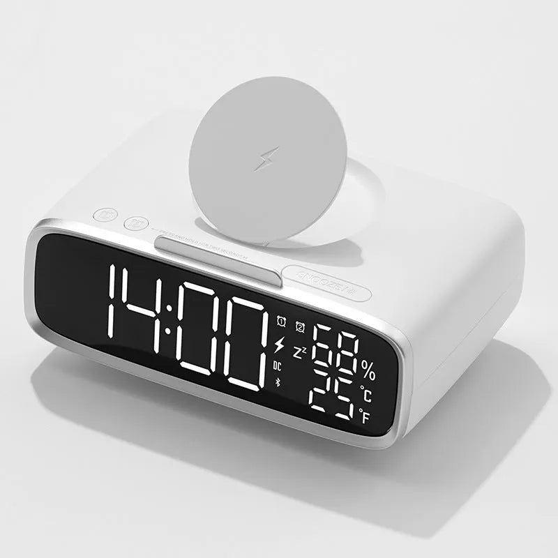 White wireless charging Bluetooth speaker alarm clock with LED display