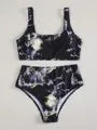 Women's marble print high-waist bikini set with U-neck top in separated swimwear design