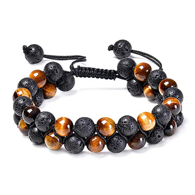 Tiger eye couple bracelets with matte black agate beads in geometric design