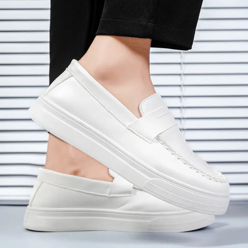 Men's round toe casual shoes in white, black and white, and khaki colours with a PU upper.