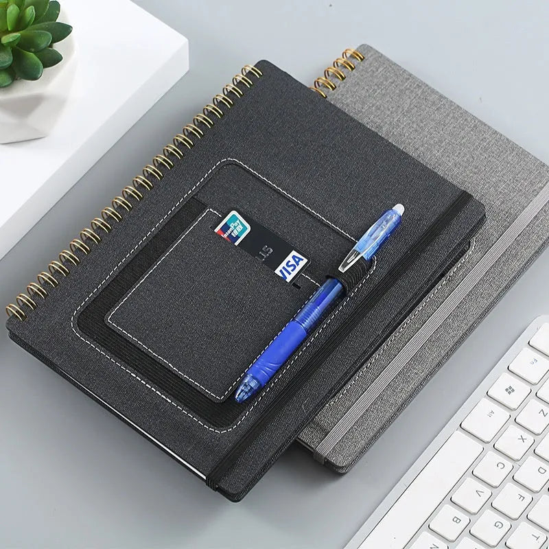 A5 erasable coil notebook with waterproof rock paper showing custom cover options including pockets and sticky notes