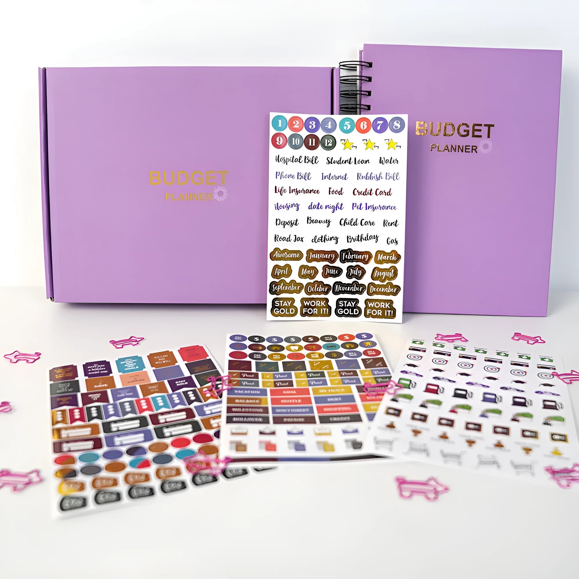 Purple coil-bound financial planning notebook with budgeting stickers and pen on Daolin paper