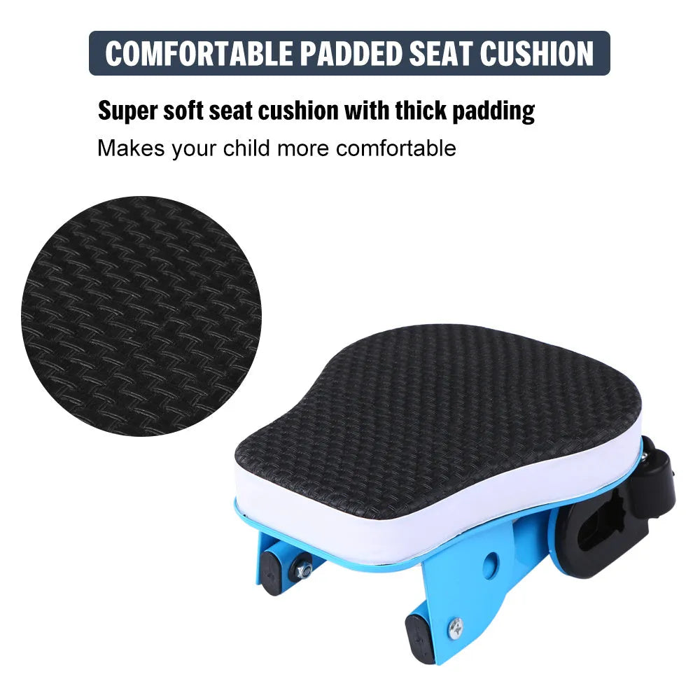 Front bicycle child seat with padded cushion and foldable pedal mounted on a bike
