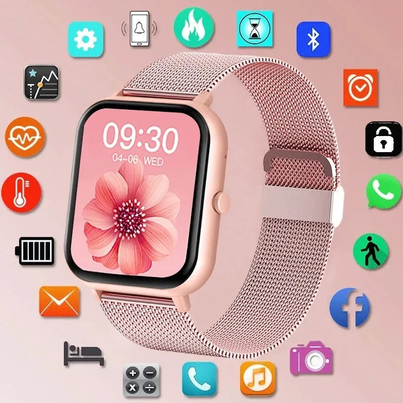 ZL54C smart watch displaying health metrics on AMOLED screen with Milan steel strap option