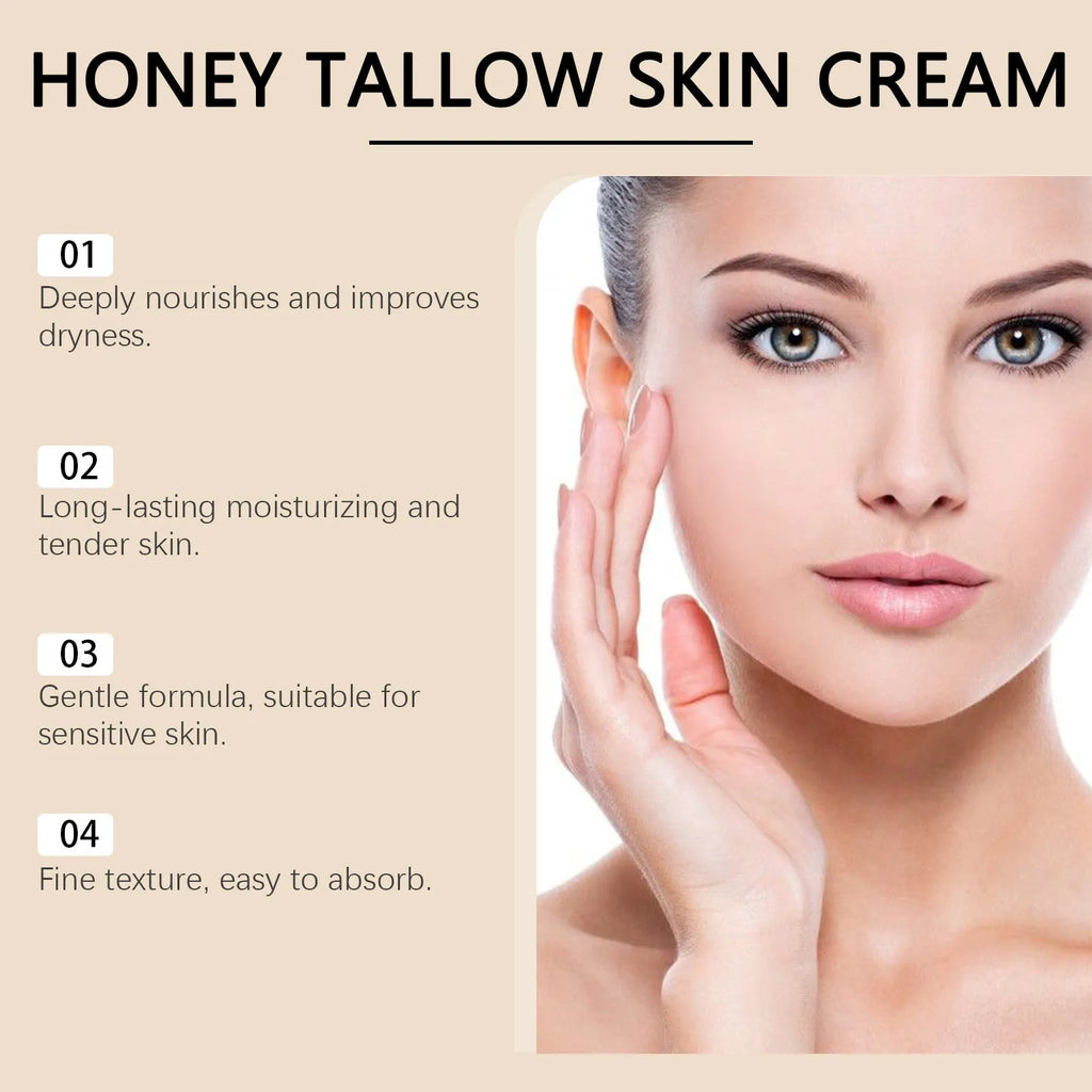 Honey Tallow Skin Cream 110g jar, white cream visible inside round container