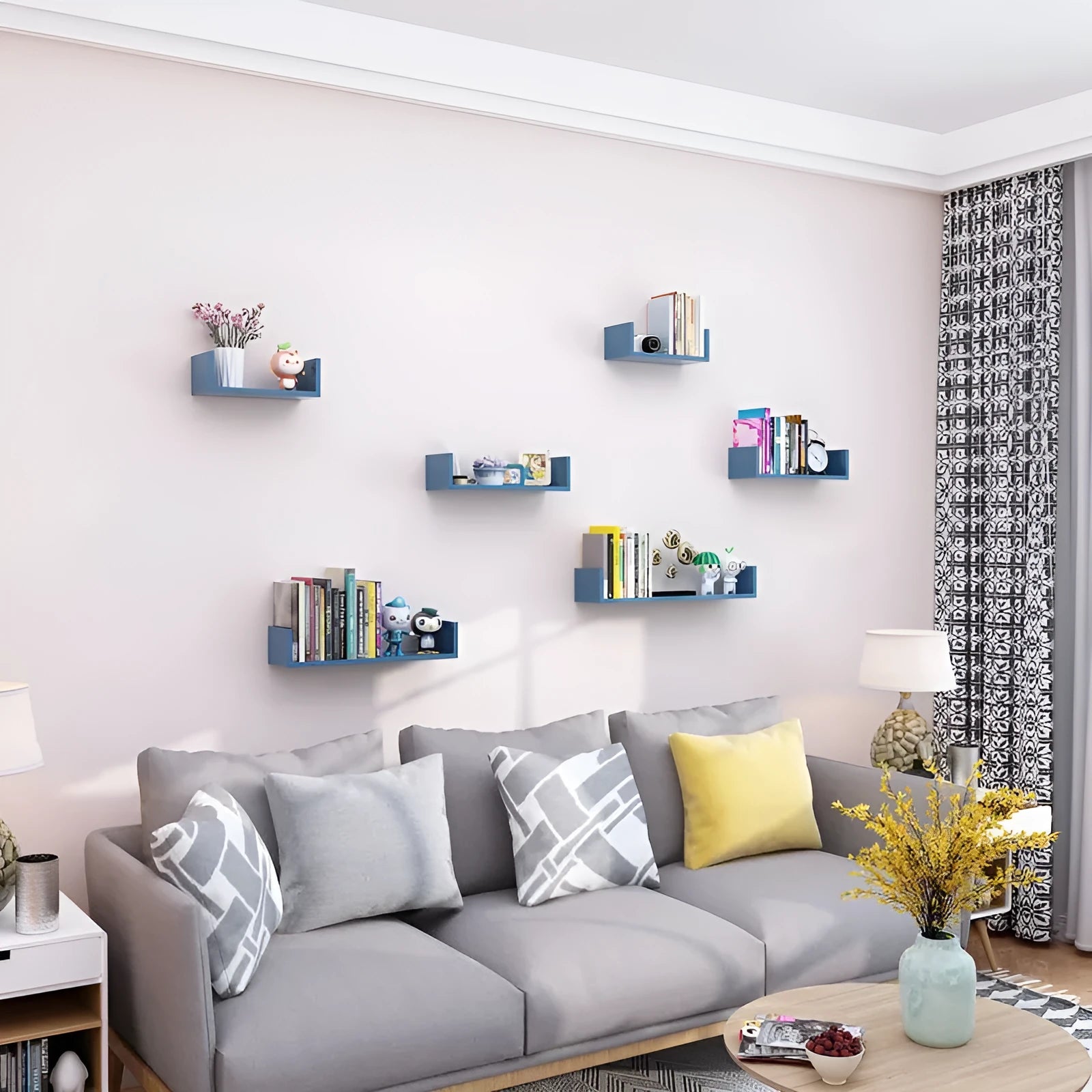 Three-piece wooden wall hanging shelves set in Black Walnut colour for living room decor with punch-free installation