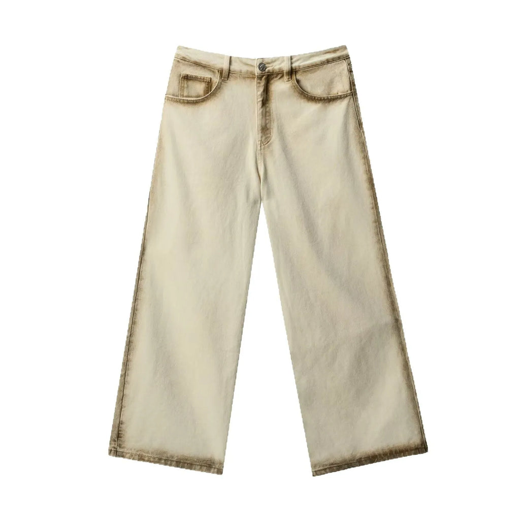 Beige loose straight floor-length cotton trousers with mid-rise waist