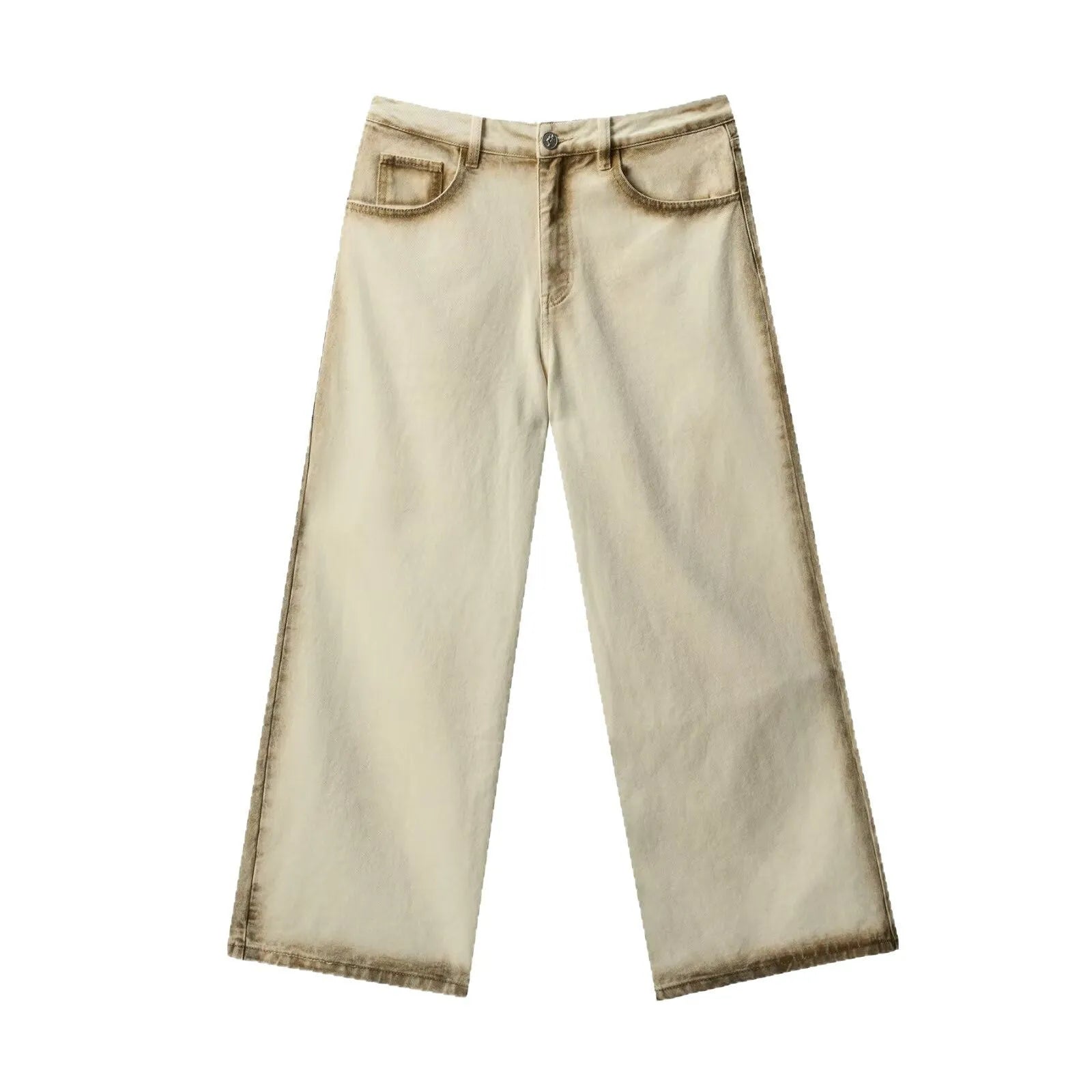 Beige loose straight floor-length cotton trousers with mid-rise waist