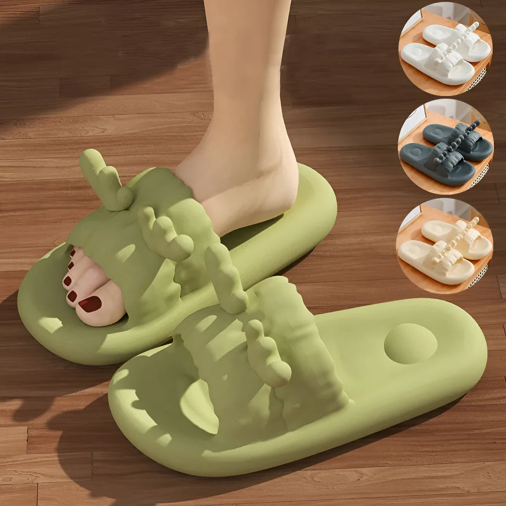 Women's deer horn design EVA flip flop slippers in light yellow colour on a white background.