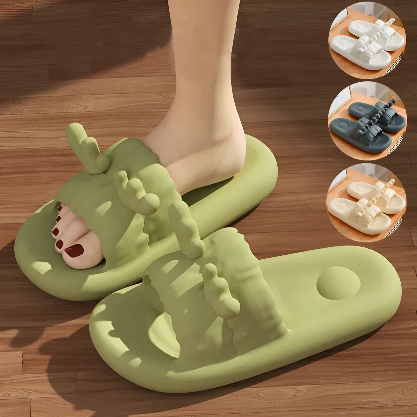 Women's deer horn design EVA flip flop slippers in light yellow colour on a white background.