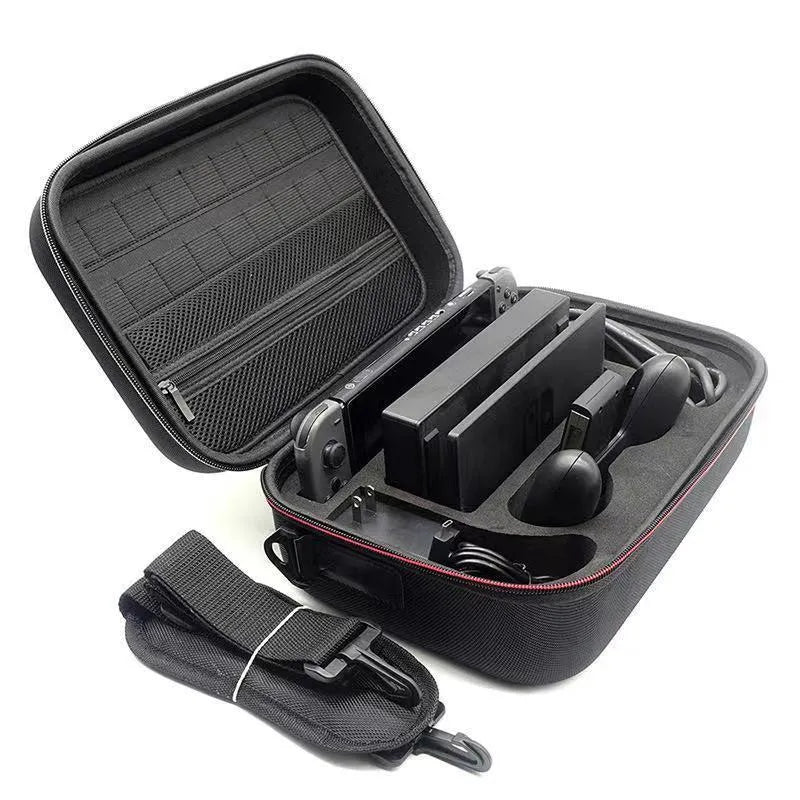 Black rigid EVA game console accessory storage box organiser bag with printed finish.