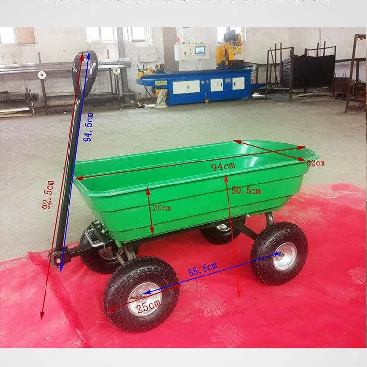 Green four-wheel plastic dumptruck with 350kg capacity for garden and construction use