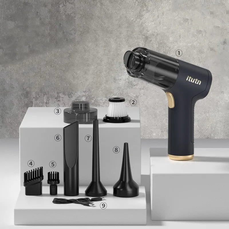 Black wireless car vacuum cleaner with multiple nozzle attachments including brush heads and suction tools