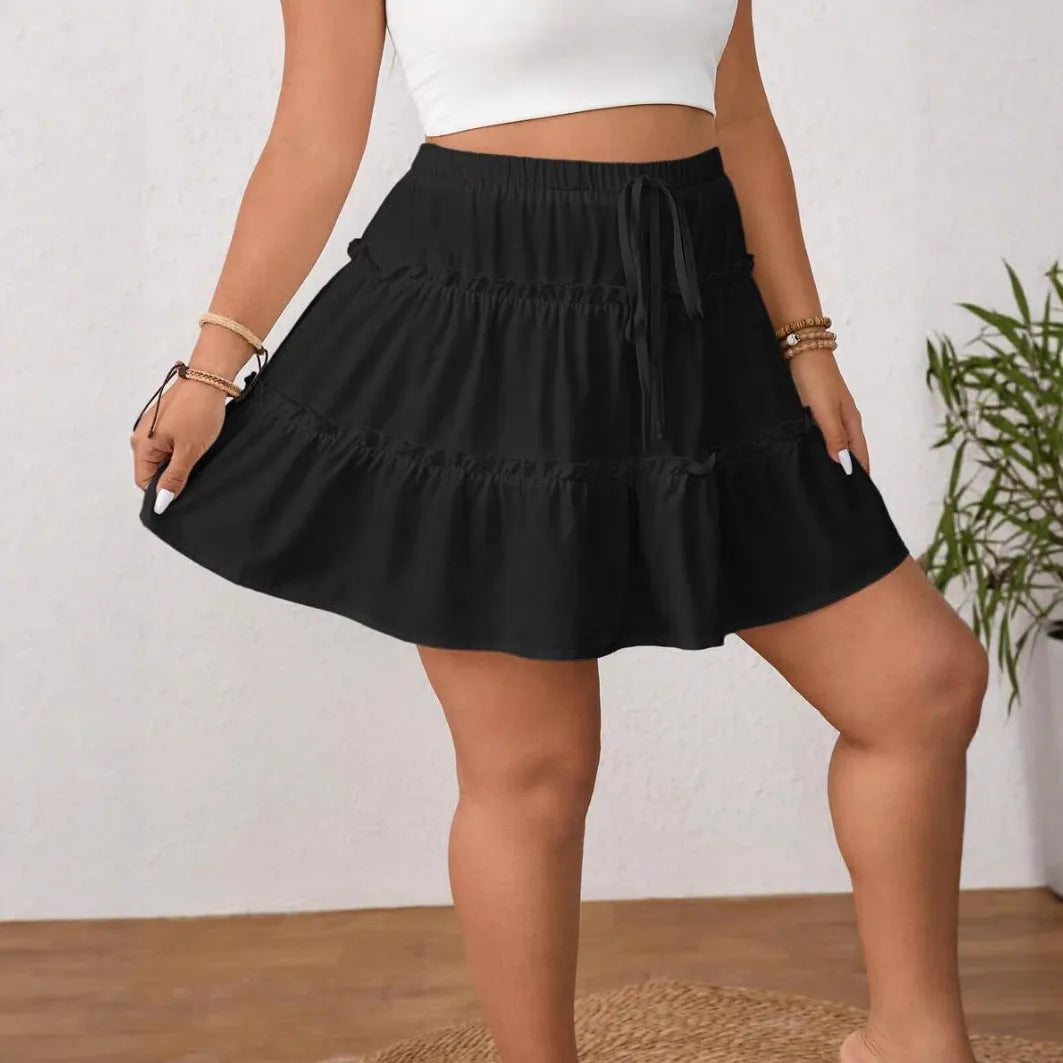 White adjustable lace-up A-line pleated short skirt on hanger showing milk silk sanding fabric texture