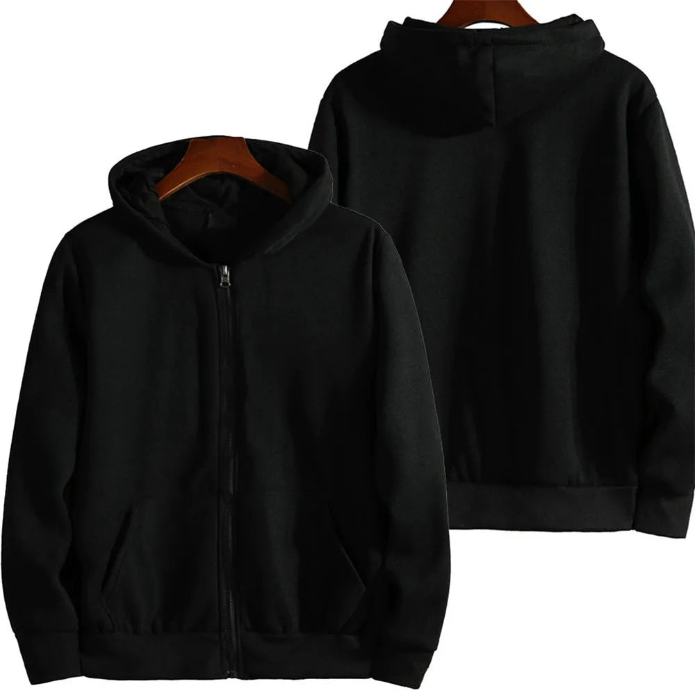 Man wearing a solid colour loose-fit zipper sports jacket in a cardigan style.
