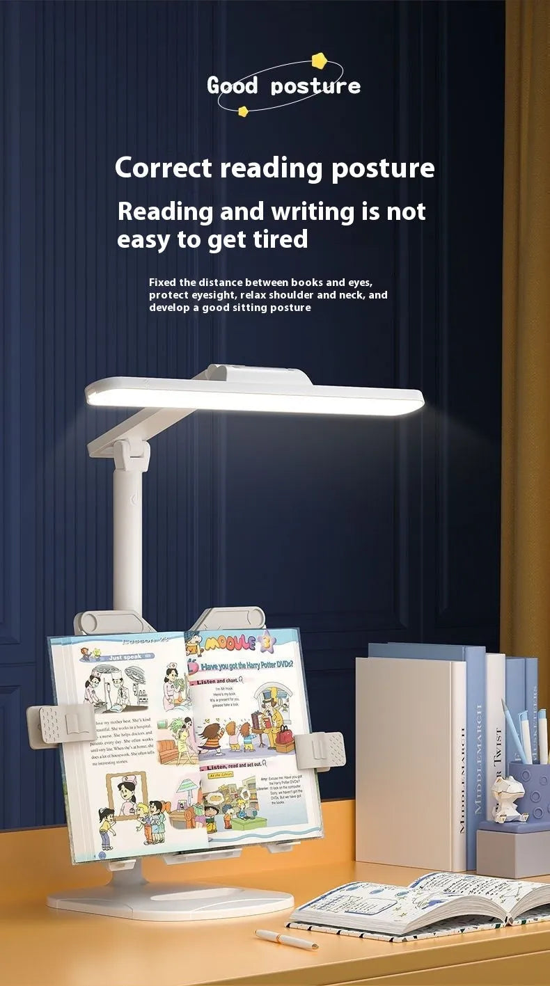 A white adjustable table lamp with a bookshelf design, shown on a desk, highlighting its dual-power and colour temperature features.