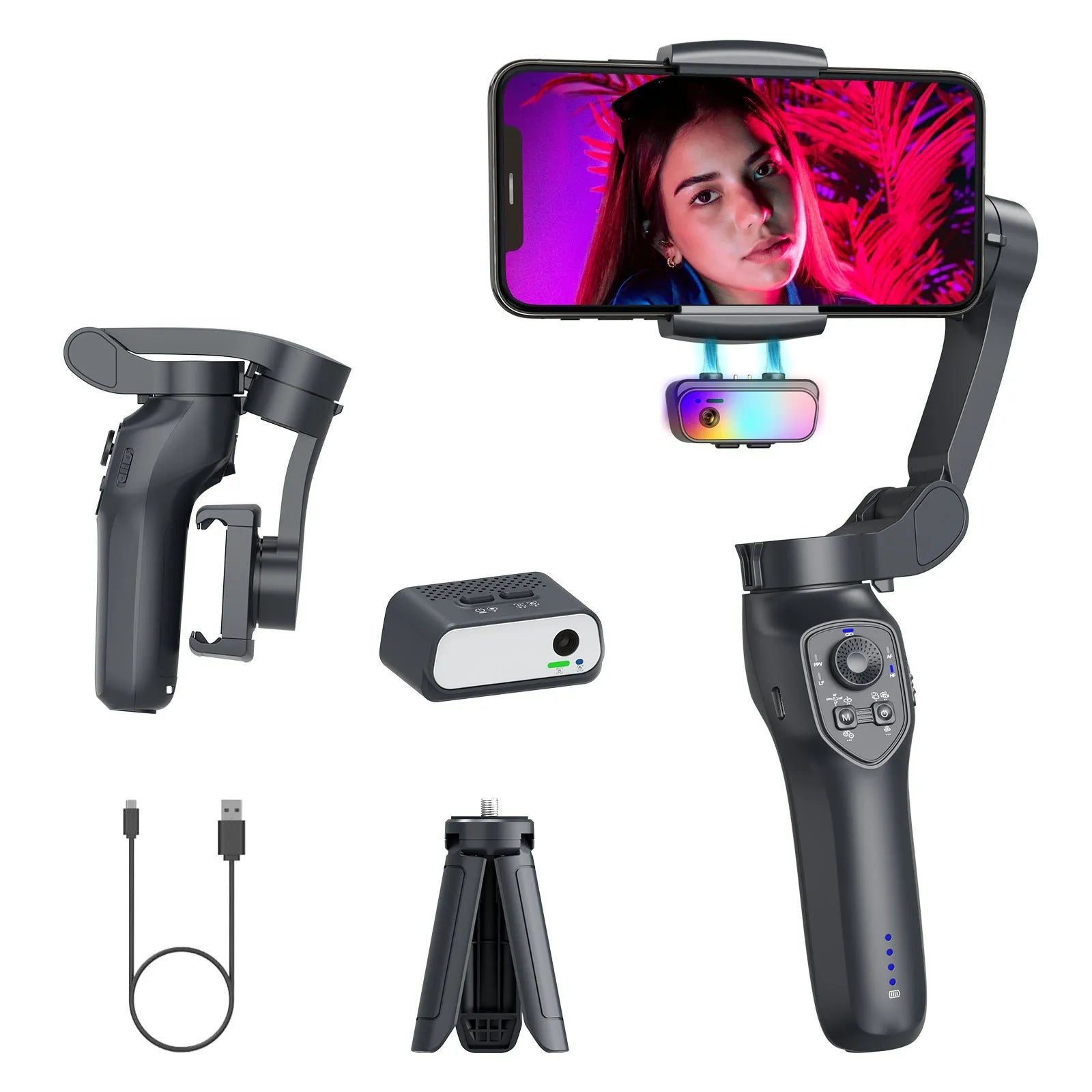 RK series foldable smartphone gimbal stabilizer in gun colour with USB charging port