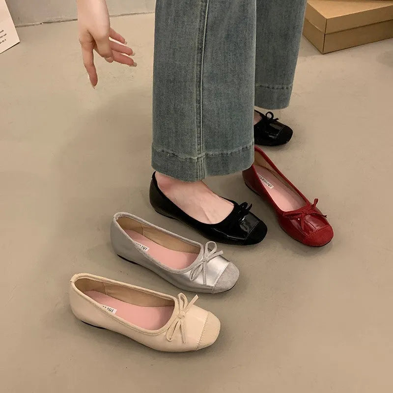 Women's retro apricot Mary Jane ballet flats with square toe and bow decoration on a rubber sole.