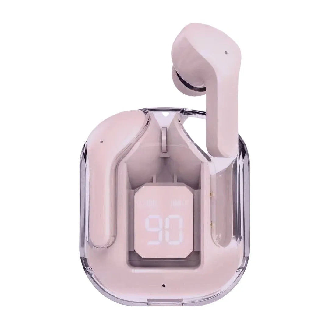 Transparent plastic true wireless Bluetooth headphones showing internal components with digital display charging case