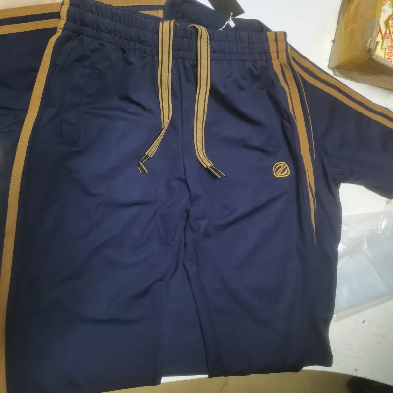 Men's blue ice silk style short sleeve suit set with top and pants on a hanger.